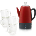 Red 10 Cups Electric Coffee Percolator with Set of 4 Glass Cups Q11879