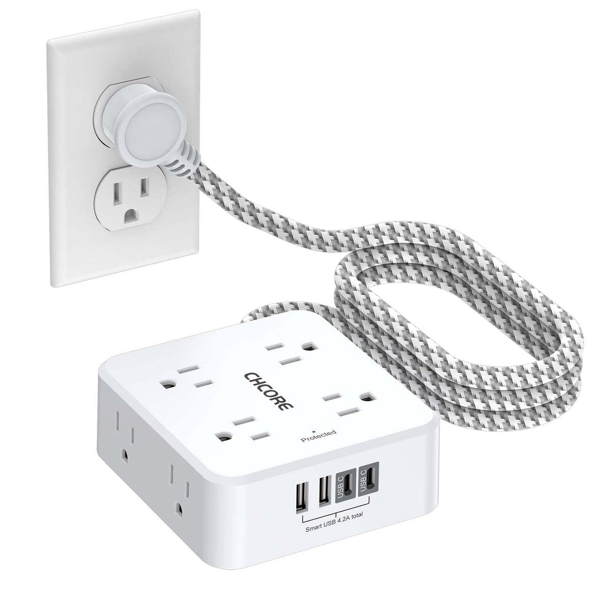 5Ft Braided Extension Cord Power Strip with 8 Outlets and 4 USB Ports, White T93851