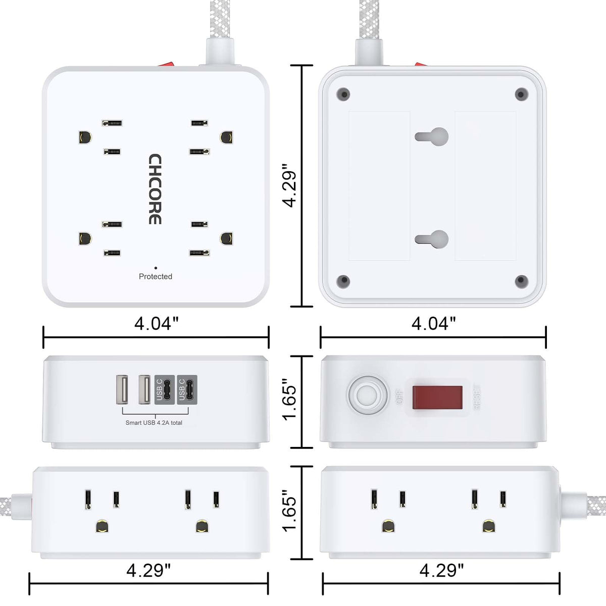 5Ft Braided Extension Cord Power Strip with 8 Outlets and 4 USB Ports, White T93851