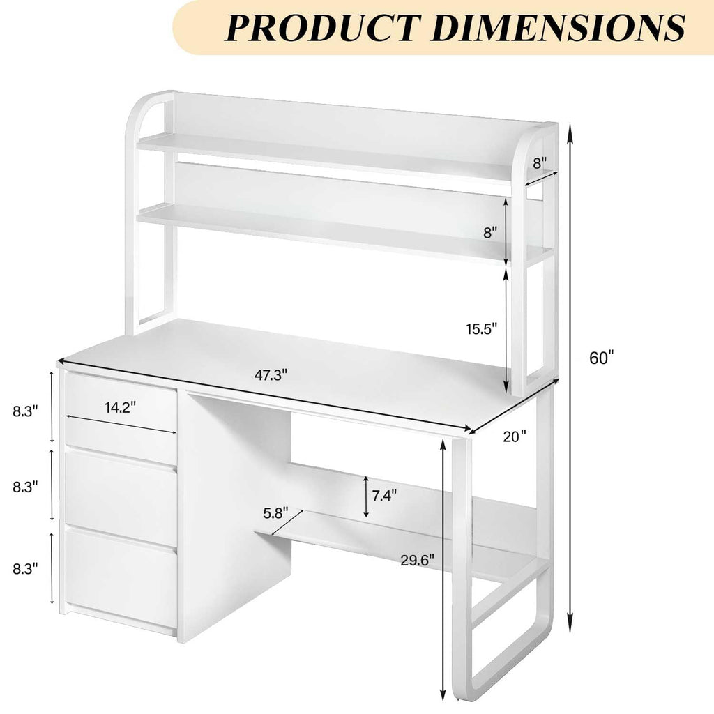 White Desk with Hutch, 47 Inch Computer Desk with 3 Drawers M95026