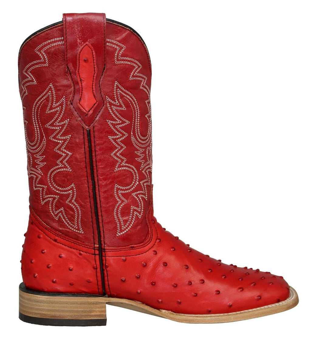 Red Ostrich Quill Print Leather Square Toe Western Cowboy Boots K518
