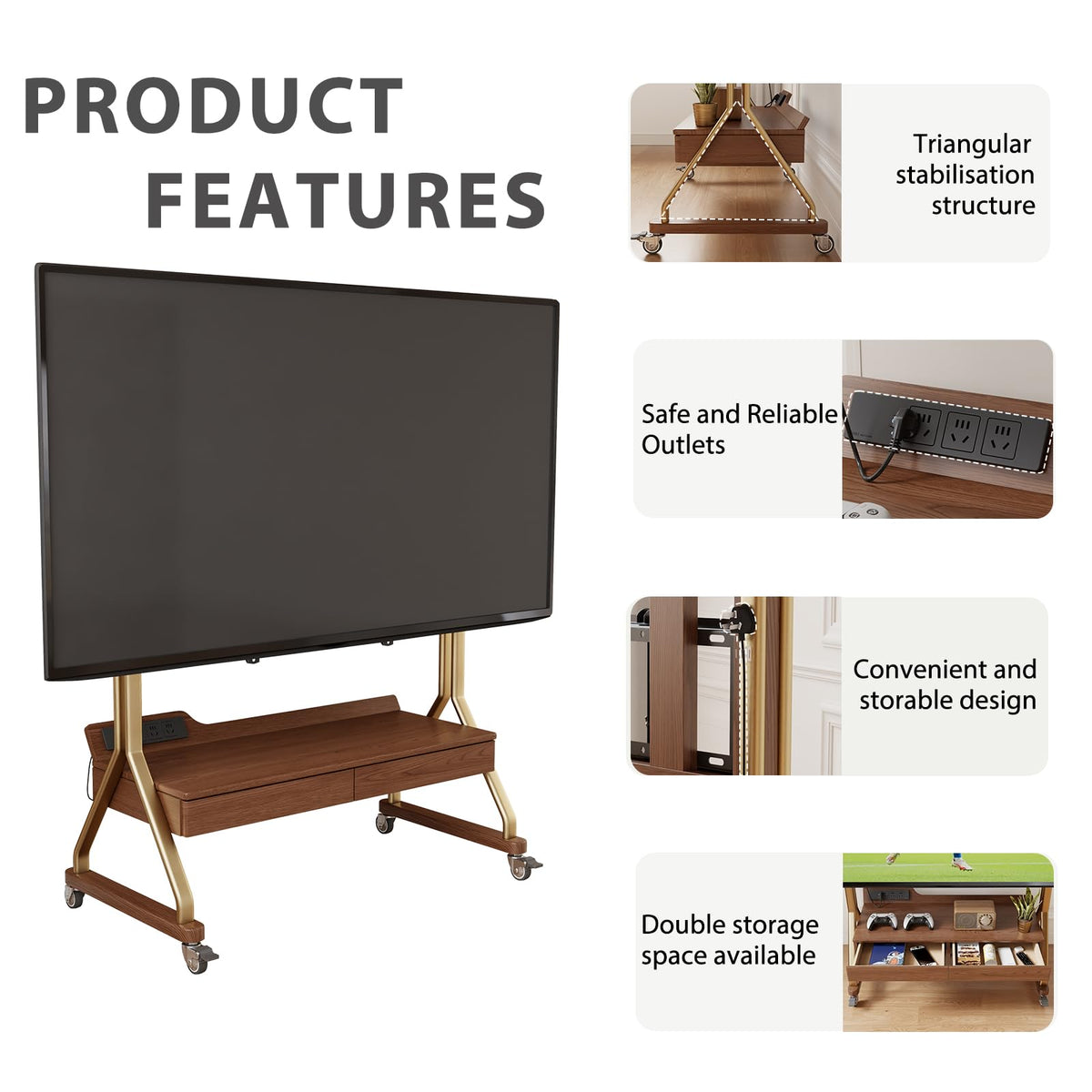 Rolling TV Stand with Wheels for 40-75" TVs, Height Adjustable, 2 Drawers L712