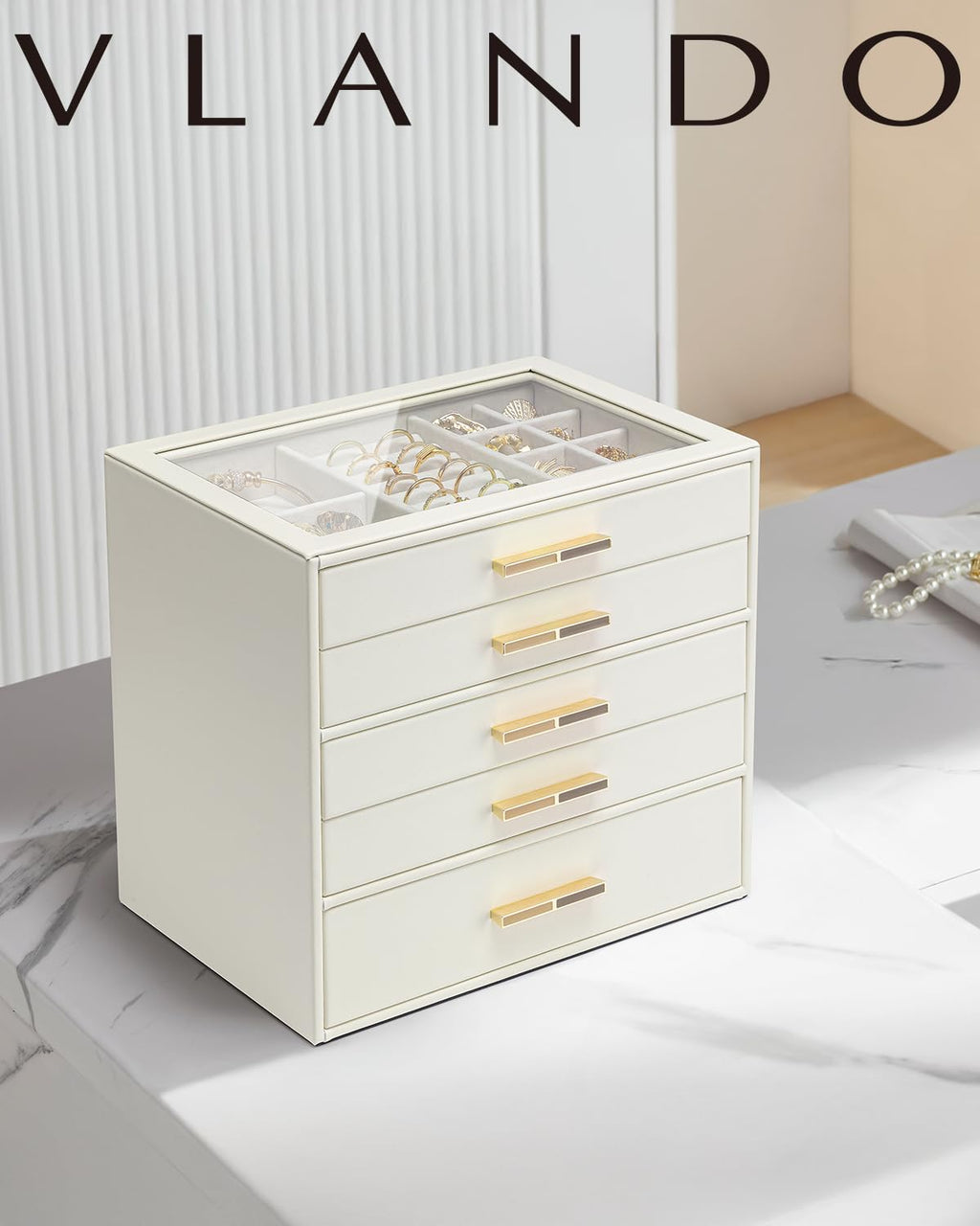 5 Layer Glass Lid Jewelry Organizer with 5 Drawers D247705