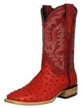 Red Ostrich Quill Print Leather Square Toe Western Cowboy Boots K518