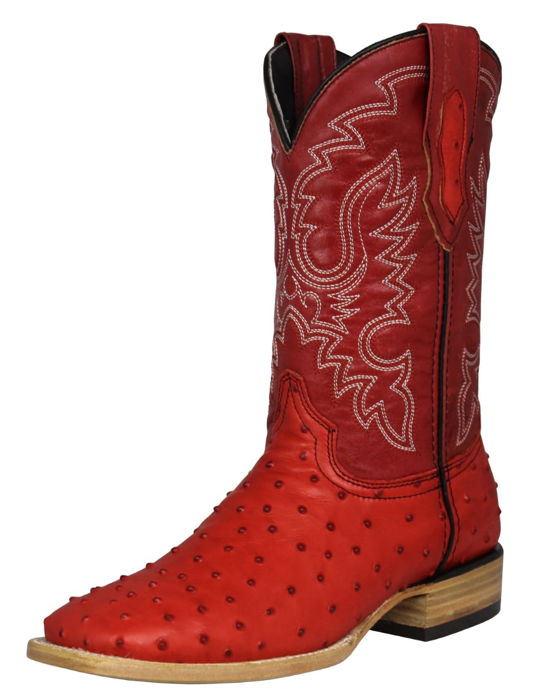 Red Ostrich Quill Print Leather Square Toe Western Cowboy Boots K518