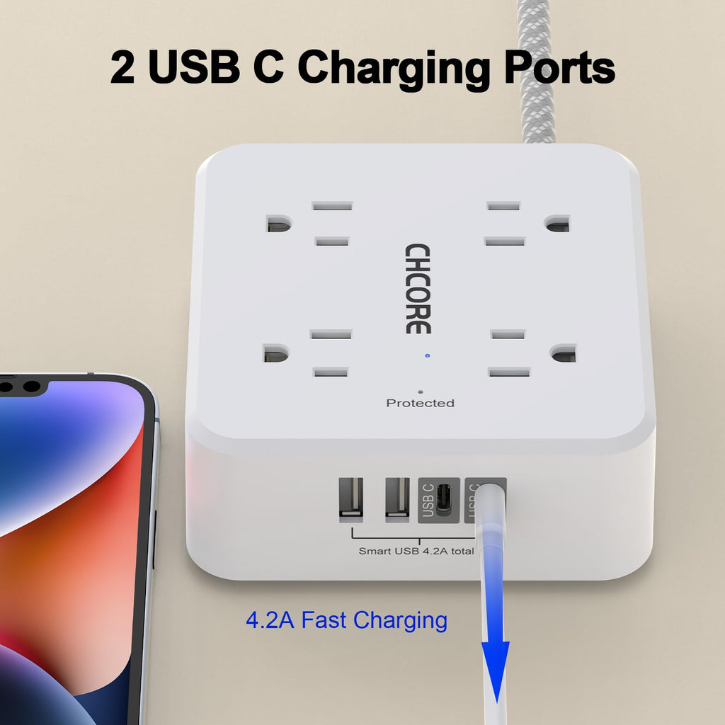 5Ft Braided Extension Cord Power Strip with 8 Outlets and 4 USB Ports, White T93851