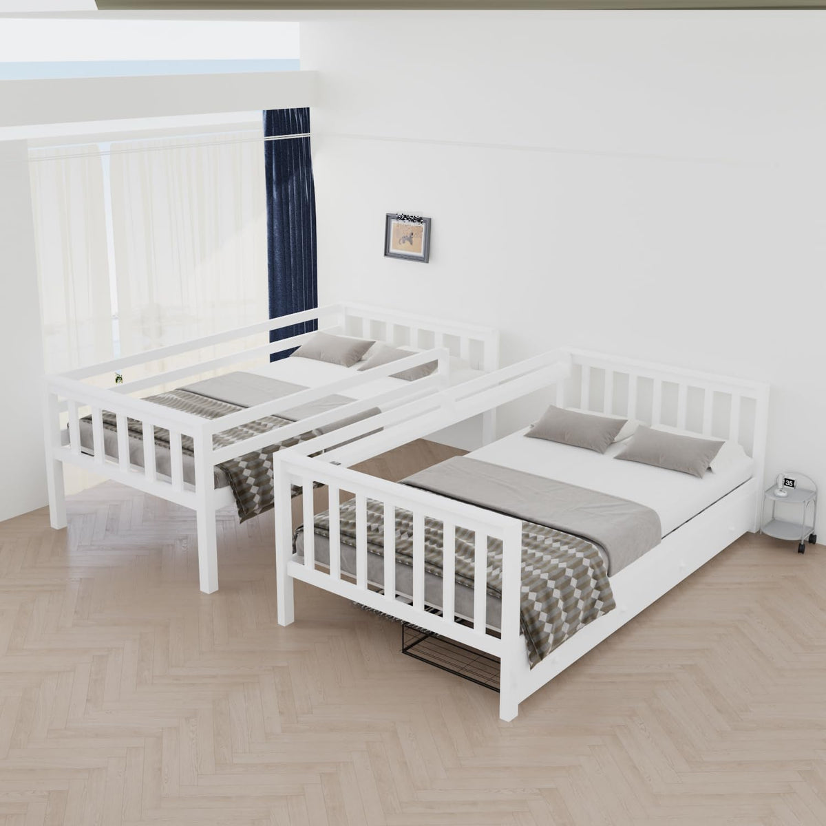 Solid Wood Bunk Bed with Charging Station and LED Lights Twin Over Full with 2 Storage Drawers E41854