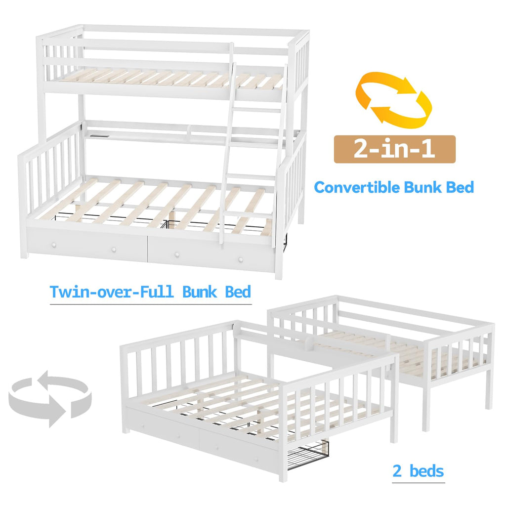 Solid Wood Bunk Bed with Charging Station and LED Lights Twin Over Full with 2 Storage Drawers E41854