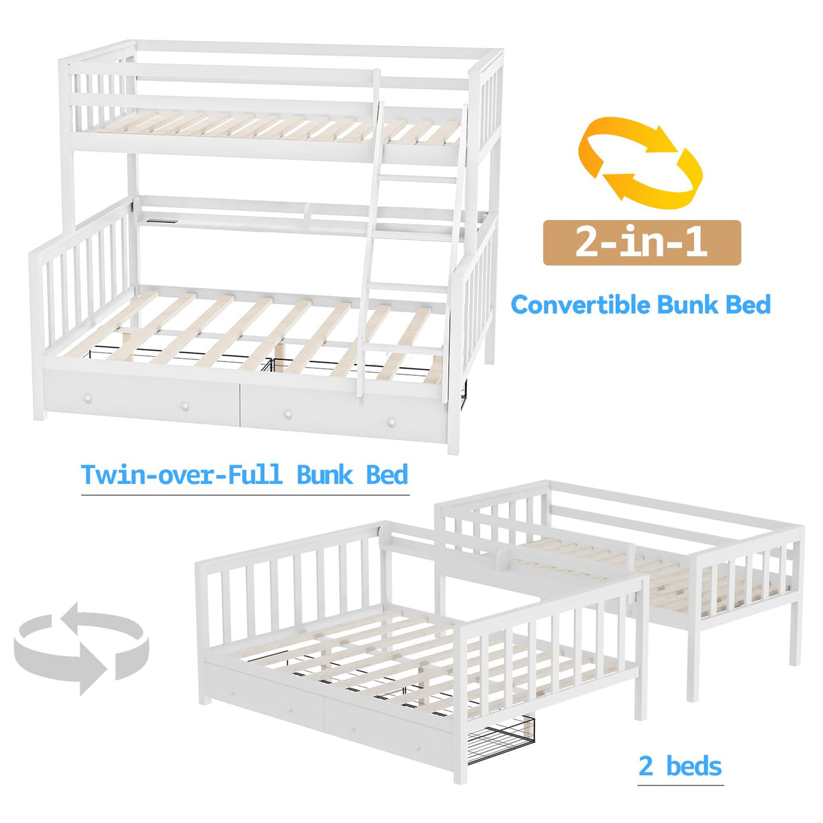 Solid Wood Bunk Bed with Charging Station and LED Lights Twin Over Full with 2 Storage Drawers E41854
