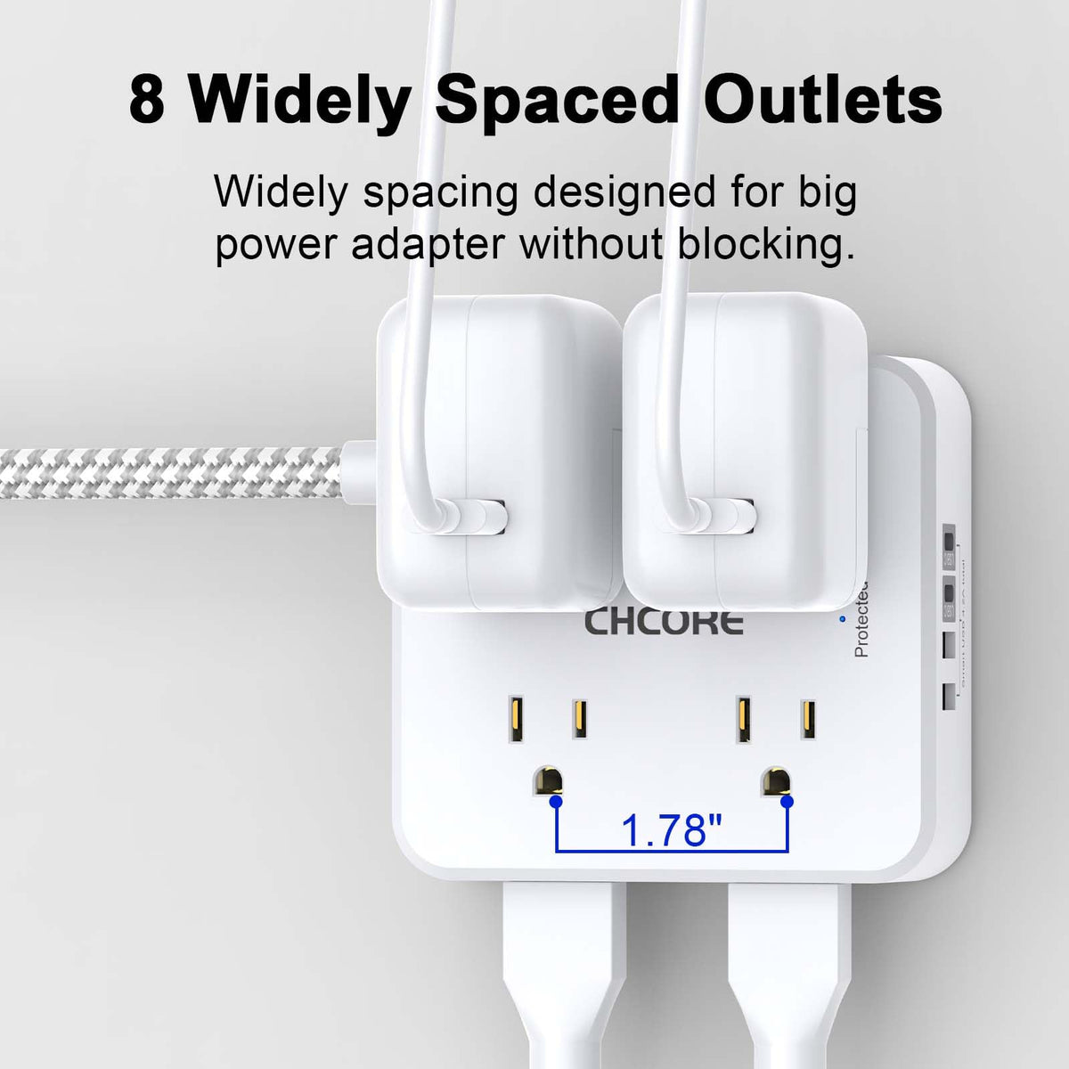 5Ft Braided Extension Cord Power Strip with 8 Outlets and 4 USB Ports, White T93851
