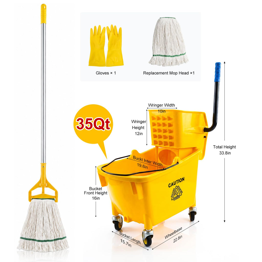 35 Quart Mop Bucket with Side Press Wringer on Wheels D7402