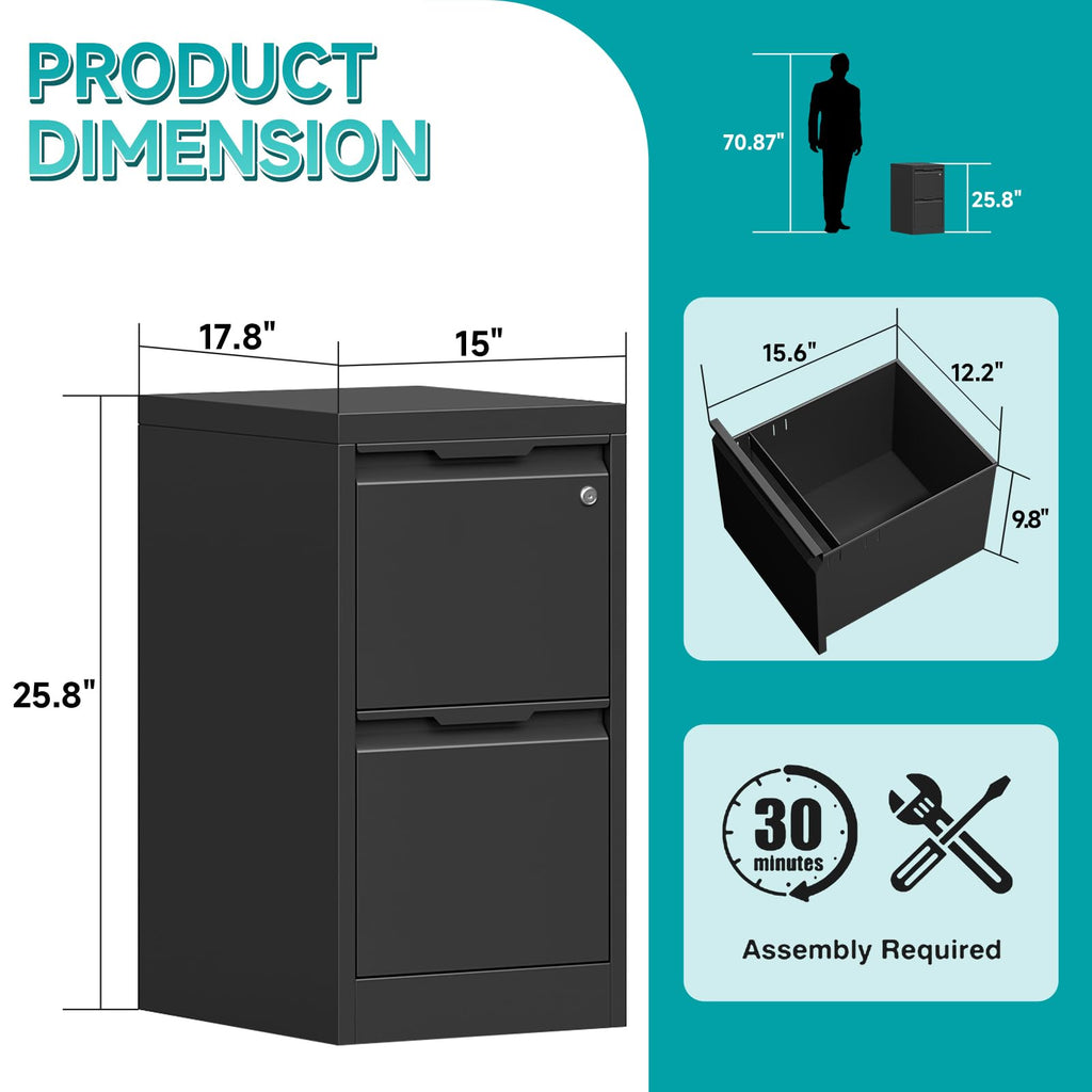 2 Drawer Black Metal File Cabinet with Lock X745