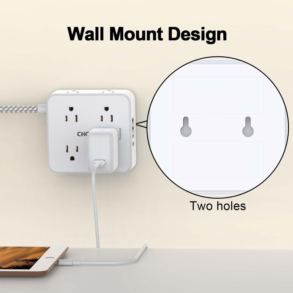 5Ft Braided Extension Cord Power Strip with 8 Outlets and 4 USB Ports, White T93851
