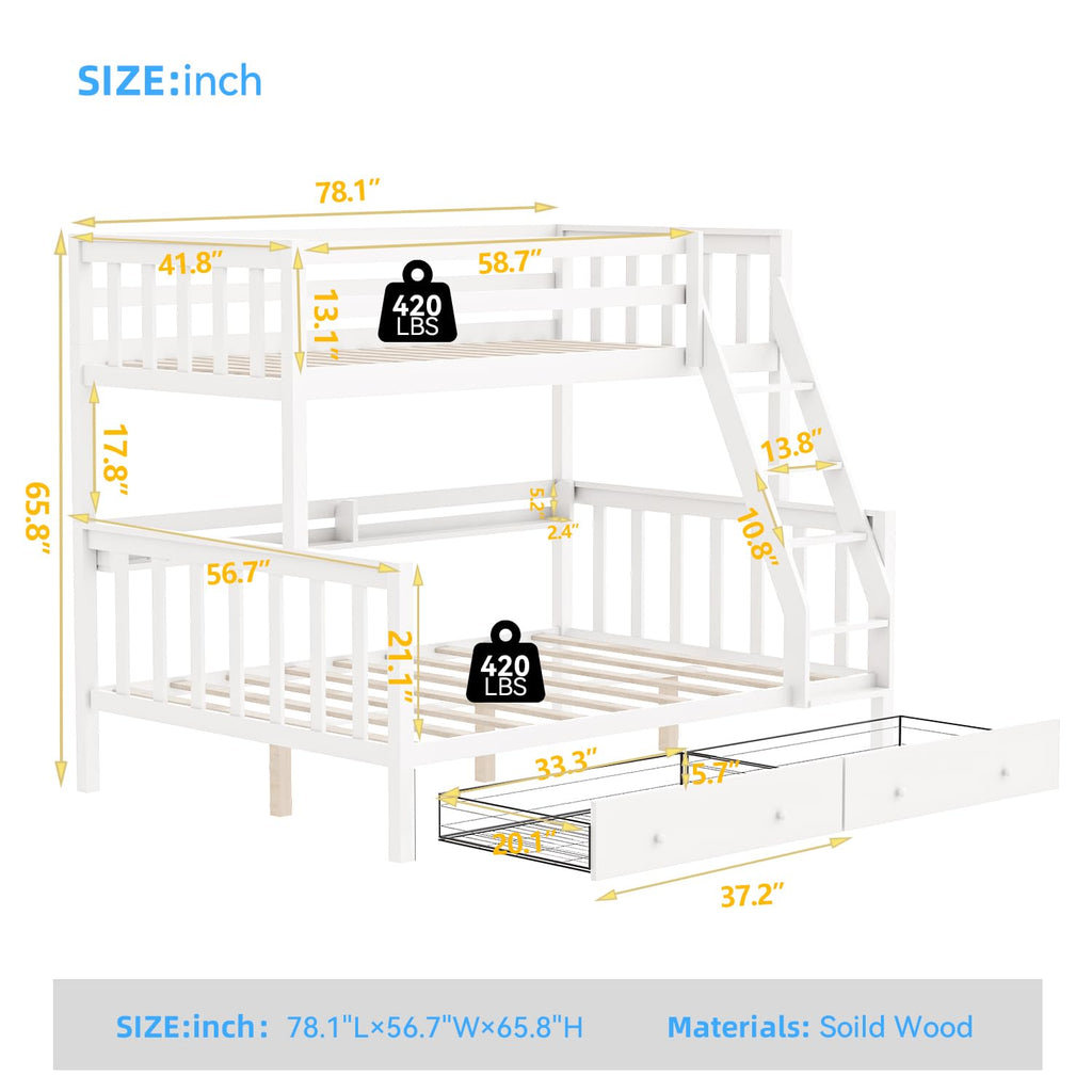 Solid Wood Bunk Bed with Charging Station and LED Lights Twin Over Full with 2 Storage Drawers E41854