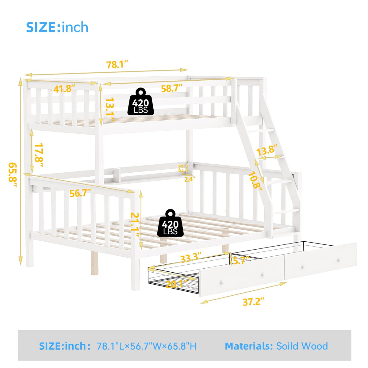 Solid Wood Bunk Bed with Charging Station and LED Lights Twin Over Full with 2 Storage Drawers E41854