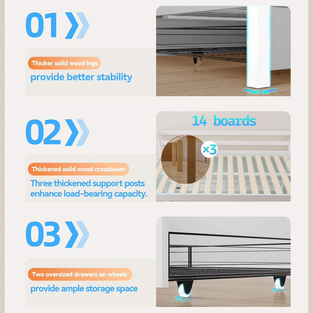 Solid Wood Bunk Bed with Charging Station and LED Lights Twin Over Full with 2 Storage Drawers E41854