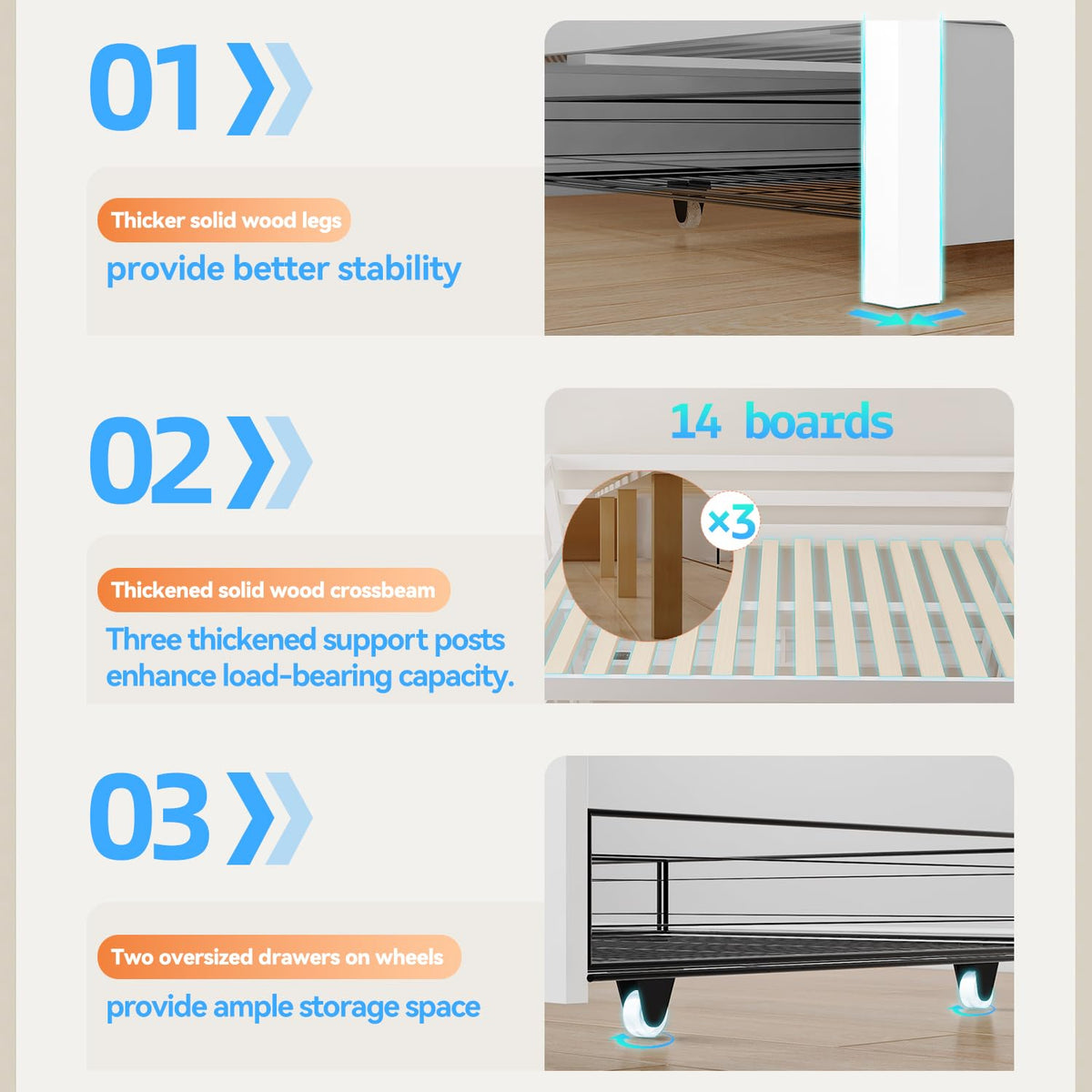 Solid Wood Bunk Bed with Charging Station and LED Lights Twin Over Full with 2 Storage Drawers E41854
