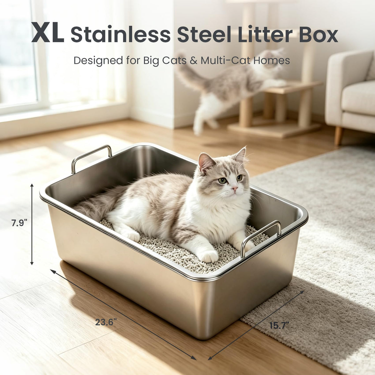 Extra Large Stainless Steel Sifting Cat Litter Box with Dual Handles U493080