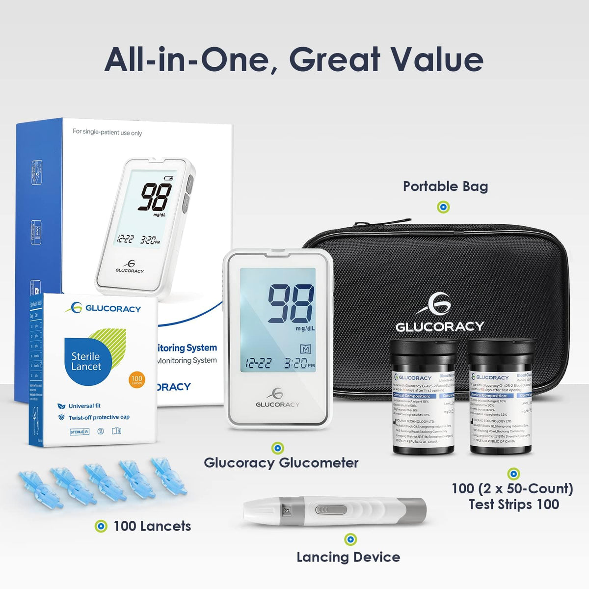 Blood Glucose Monitor Kit with 100 Test Strips R8754