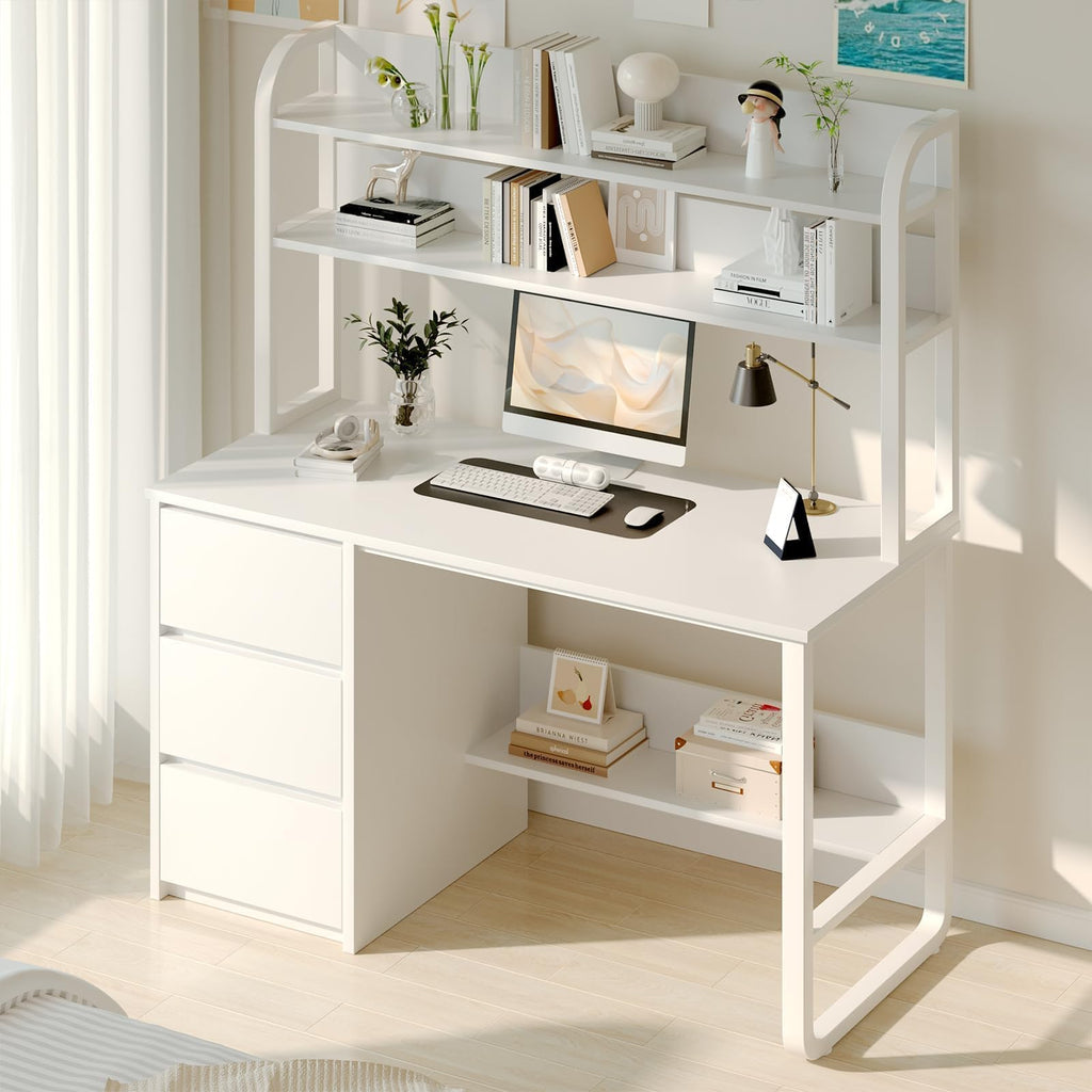 White Desk with Hutch, 47 Inch Computer Desk with 3 Drawers M95026