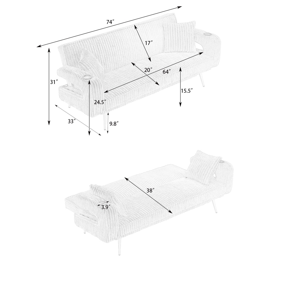 74" Pink Corduroy Convertible Sofa Bed with Cup Holder W29280