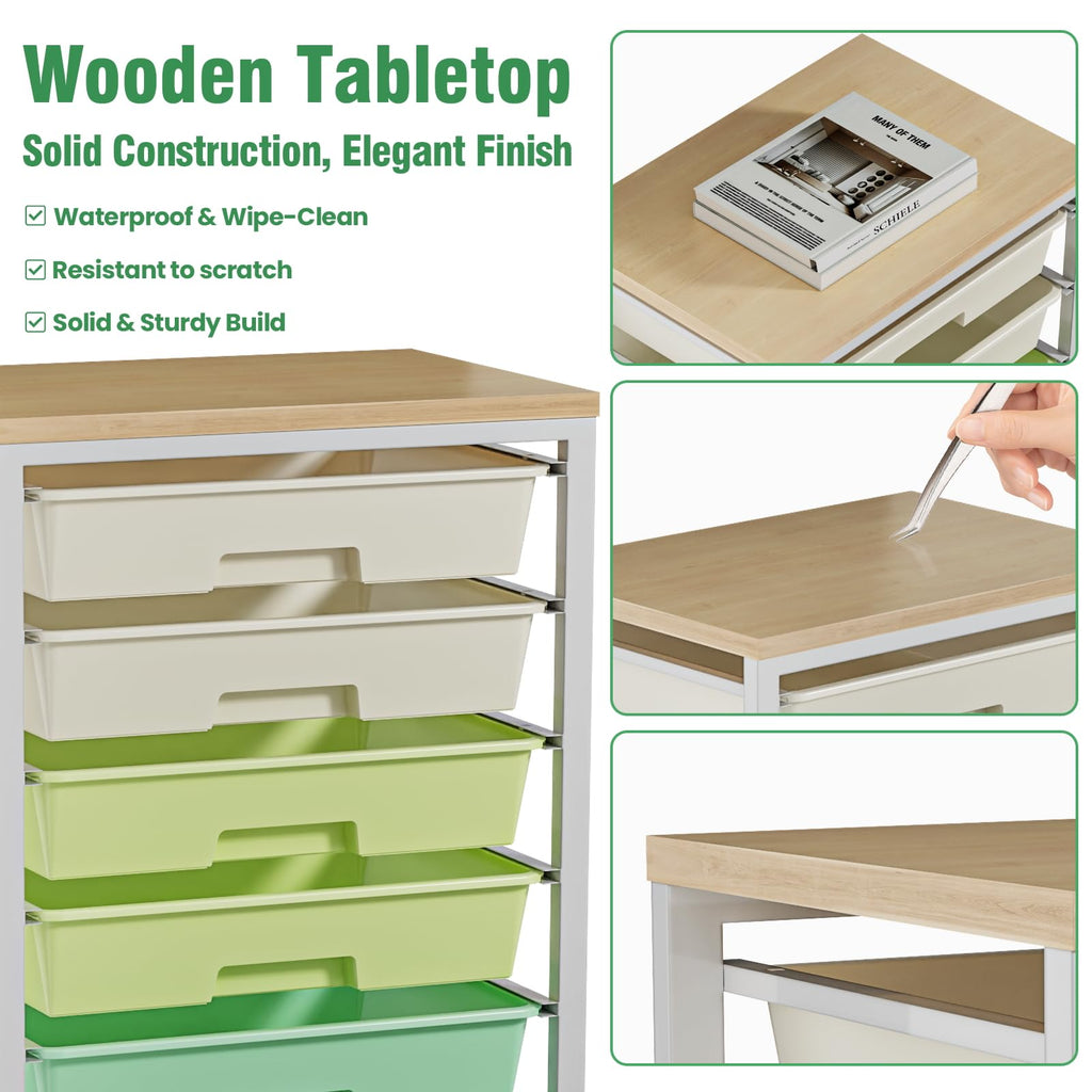 Rolling Storage Cart with 8 Drawers & Wooden Tabletop, Green, White Q4990