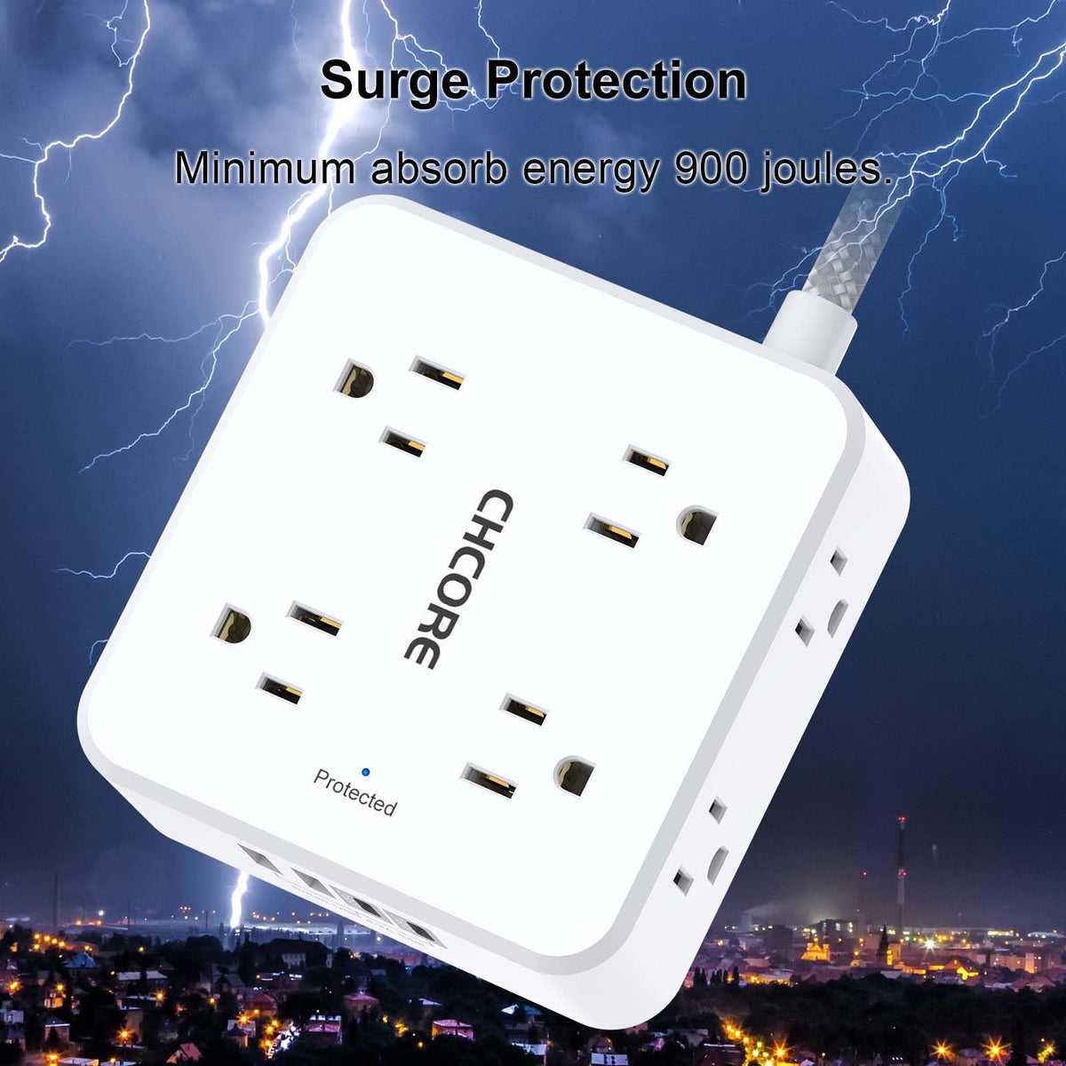 5Ft Braided Extension Cord Power Strip with 8 Outlets and 4 USB Ports, White T93851