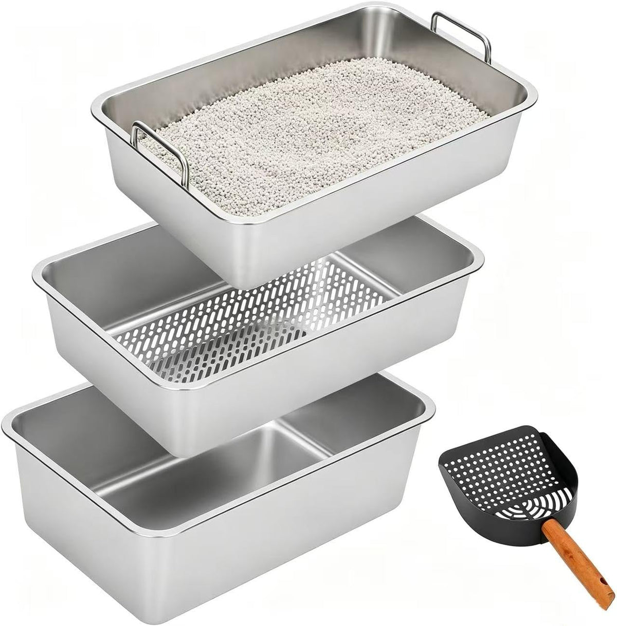 Extra Large Stainless Steel Sifting Cat Litter Box with Dual Handles U493080