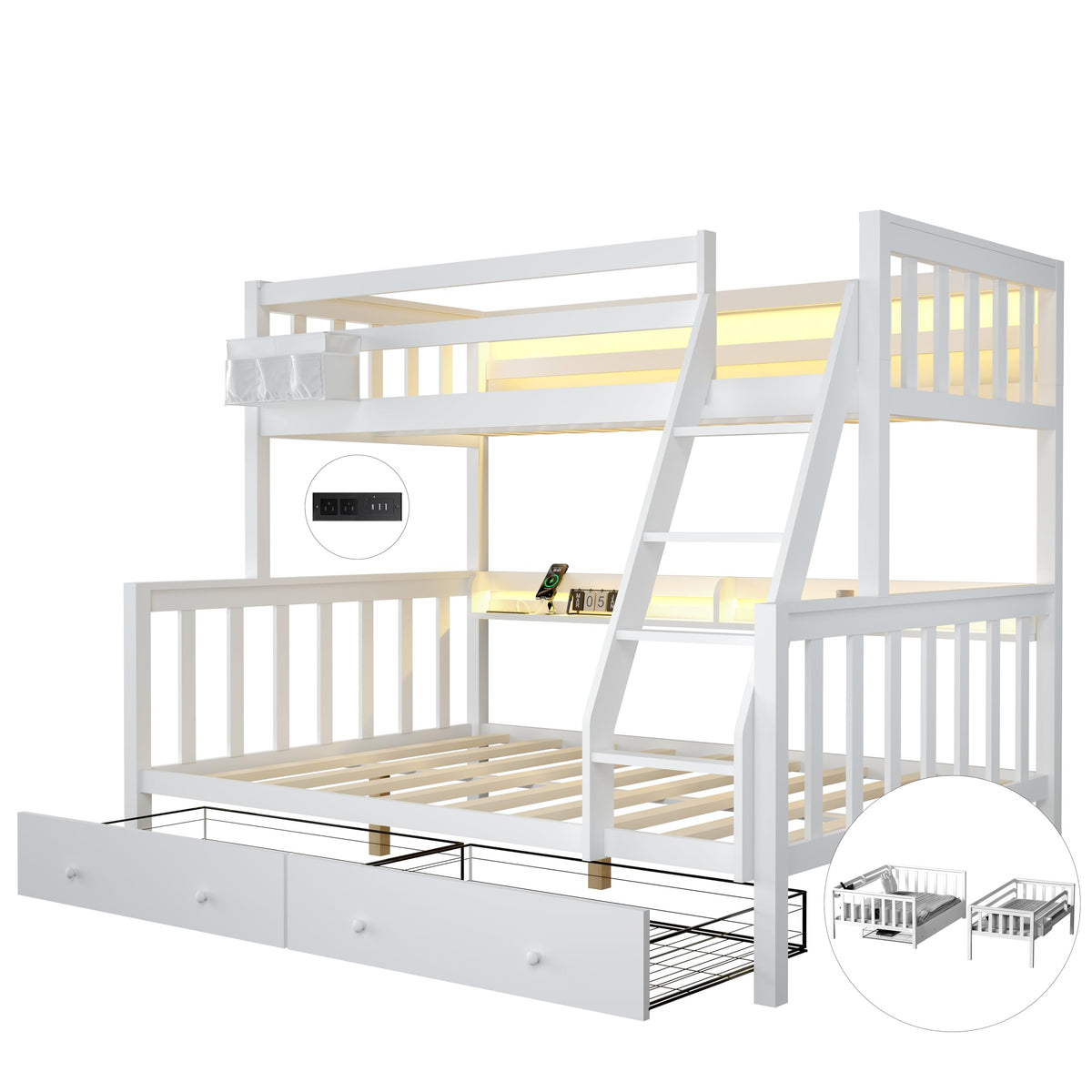 Solid Wood Bunk Bed with Charging Station and LED Lights Twin Over Full with 2 Storage Drawers E41854