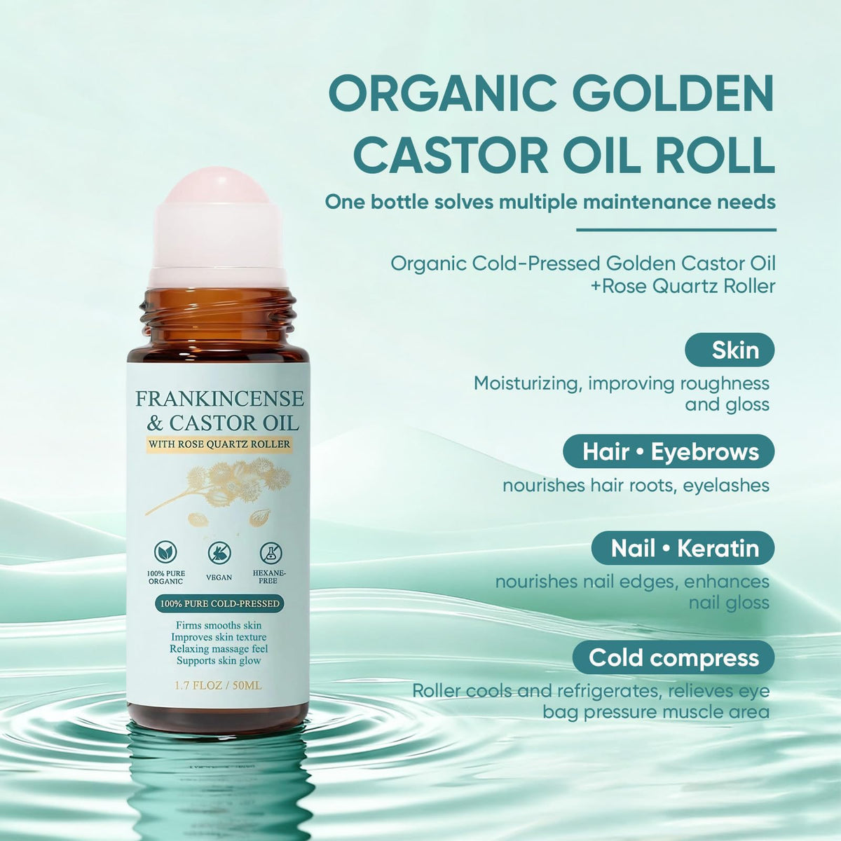 Cold-Pressed Castor Oil Roll On with Rose Quartz Stone 1.7 fl oz T864046