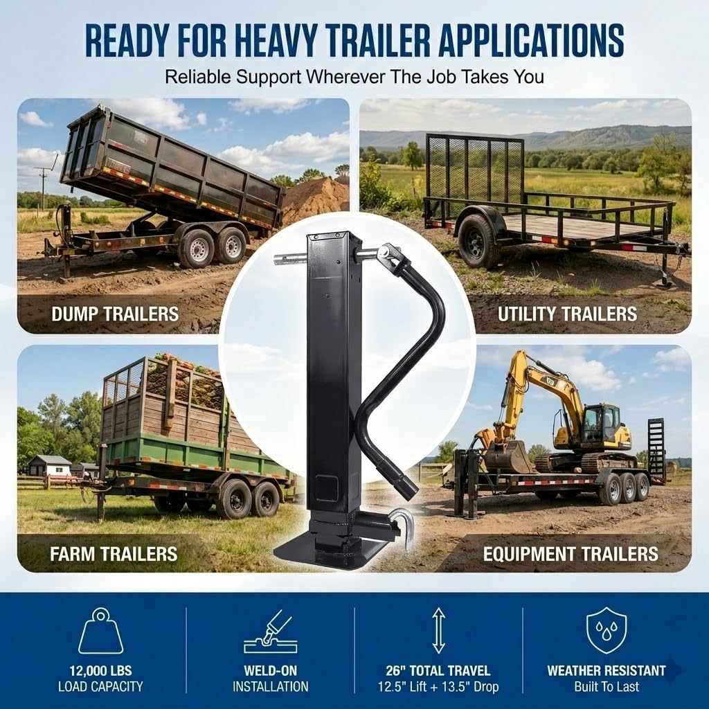 12000 LBS Weld-On Trailer Jack 4" Square Tube 26" Travel Side Wind Black G404
