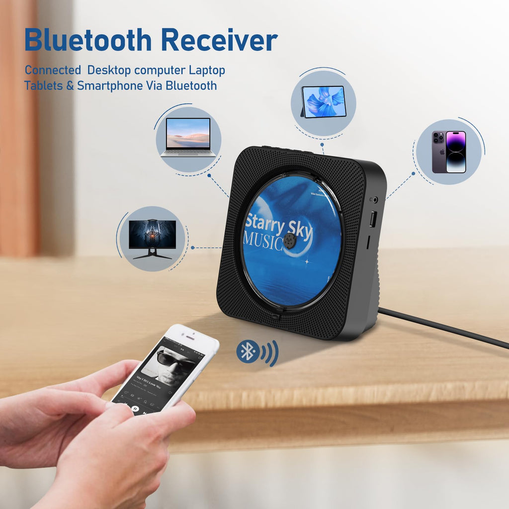 Portable Bluetooth CD Player with Speakers, Remote Control, LED Display, FM Radio, USB/AUX (Black) T96552