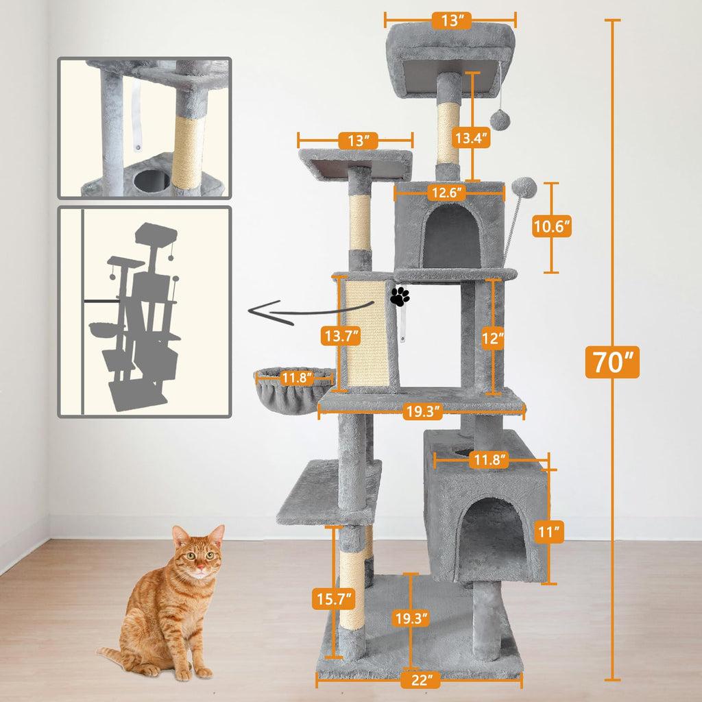 70" Light Gray Cat Tree Tower with Sisal Scratching Post Z184