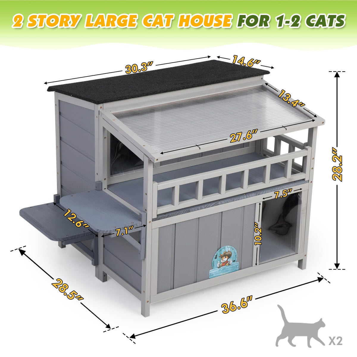 2-Tier Weatherproof Wooden Outdoor Cat House S975