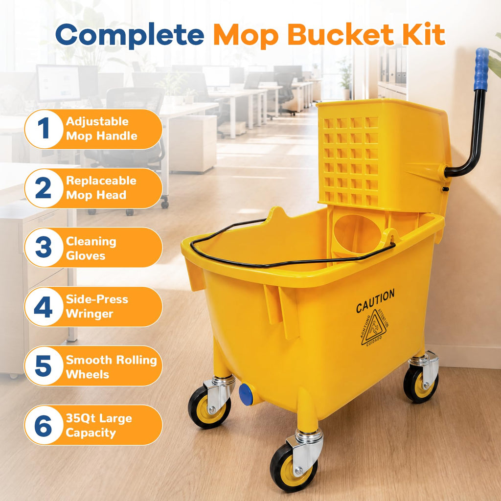 35 Quart Mop Bucket with Side Press Wringer on Wheels D7402