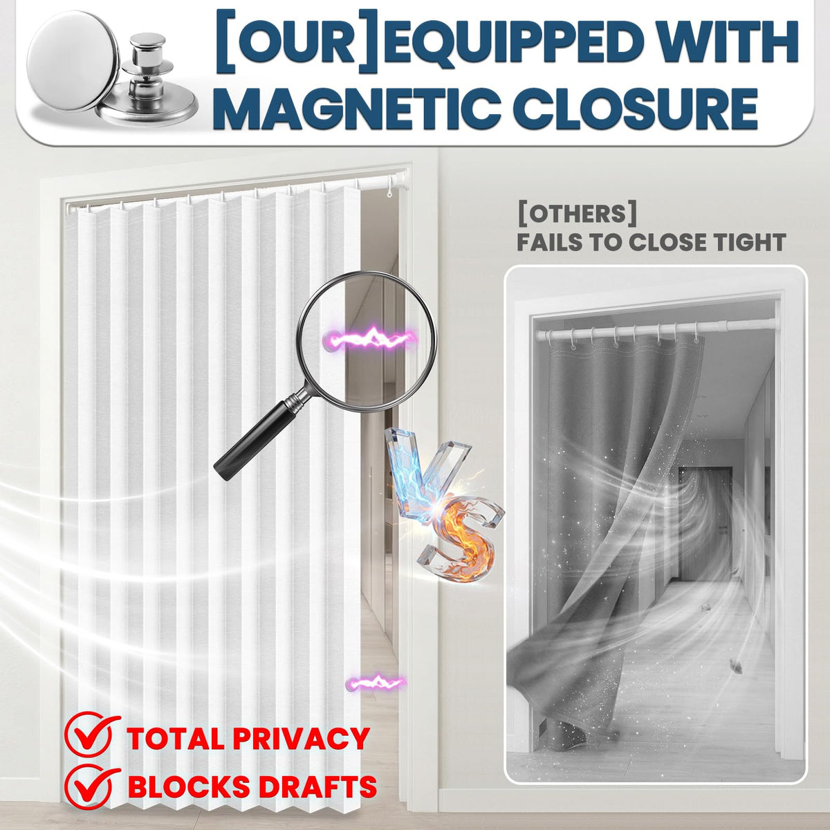 Blackout Magnetic Door Curtain with Curtain Rods 42 W x 78 L White N306927