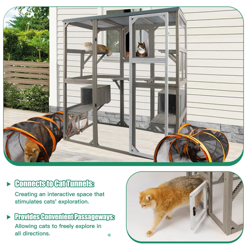 Large Wooden Outdoor Cat Catio Enclosure with 2 Doors, 2 Resting Rooms, 5 Platforms J8282