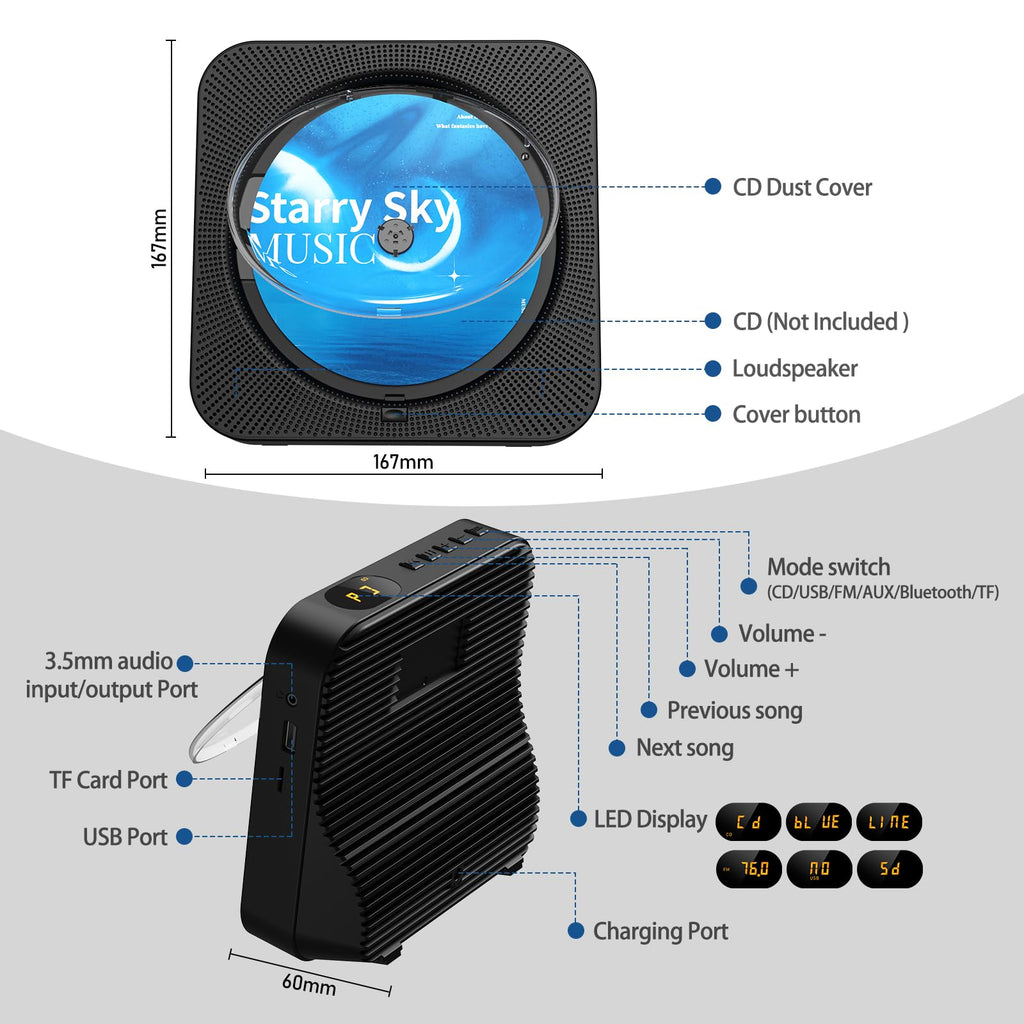 Portable Bluetooth CD Player with Speakers, Remote Control, LED Display, FM Radio, USB/AUX (Black) T96552