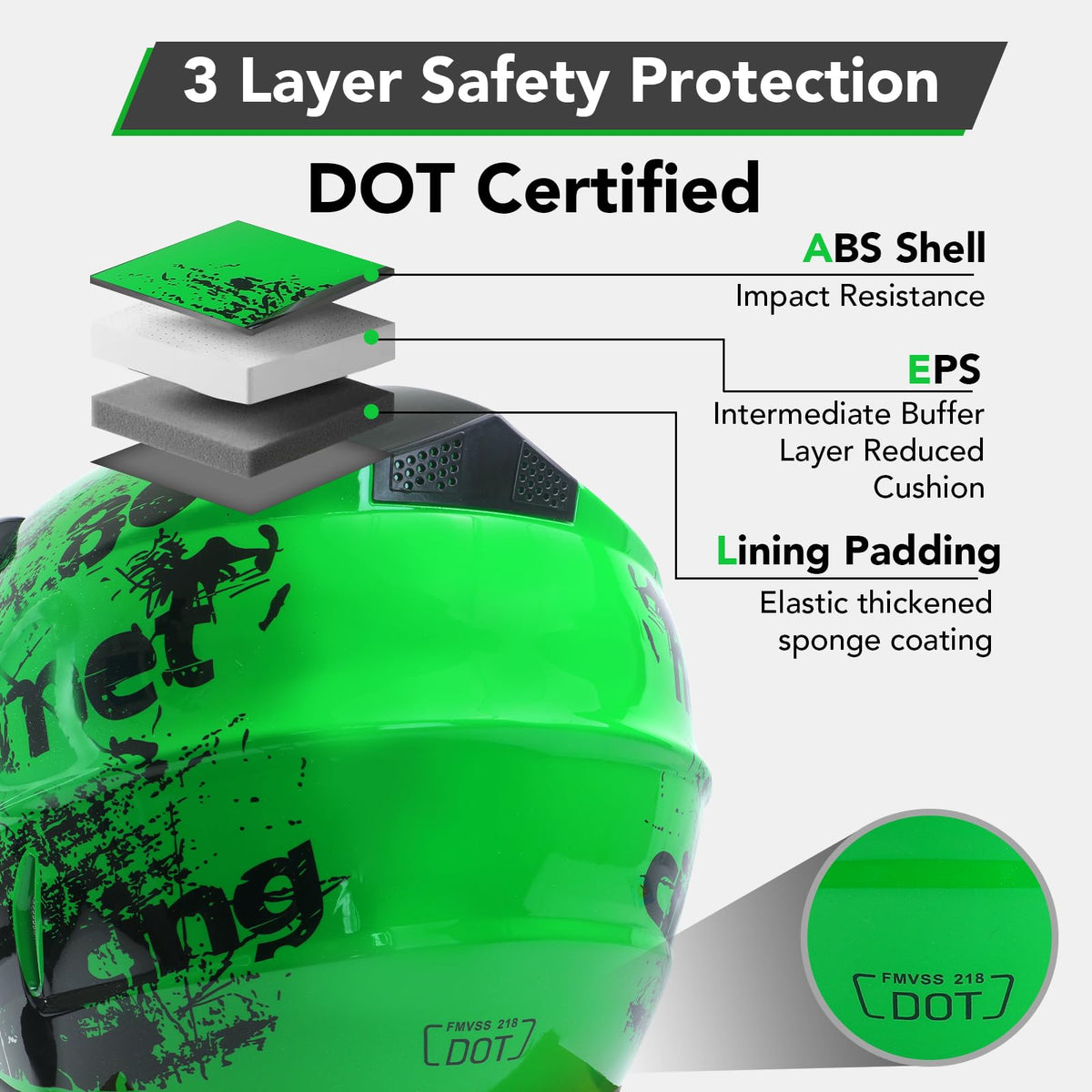 Youth Kids Full Face Dirt Bike Helmet 4Pcs Set DOT Approved Green XL F3792