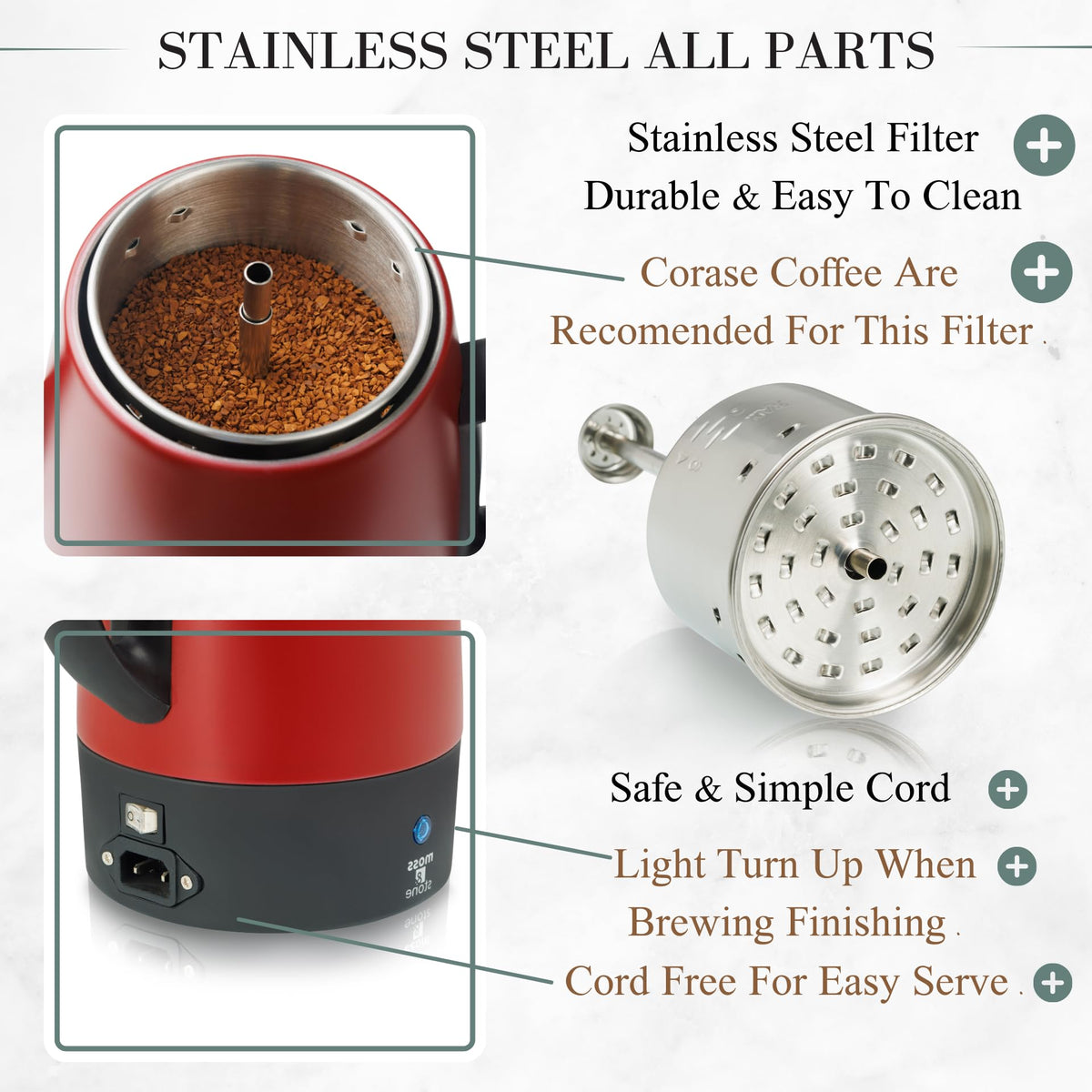 Red 10 Cups Electric Coffee Percolator with Set of 4 Glass Cups Q11879