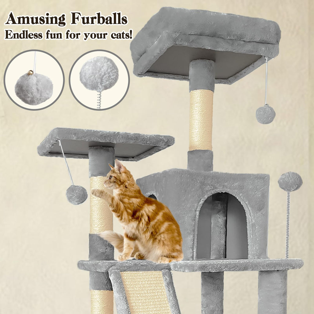 70" Light Gray Cat Tree Tower with Sisal Scratching Post Z184