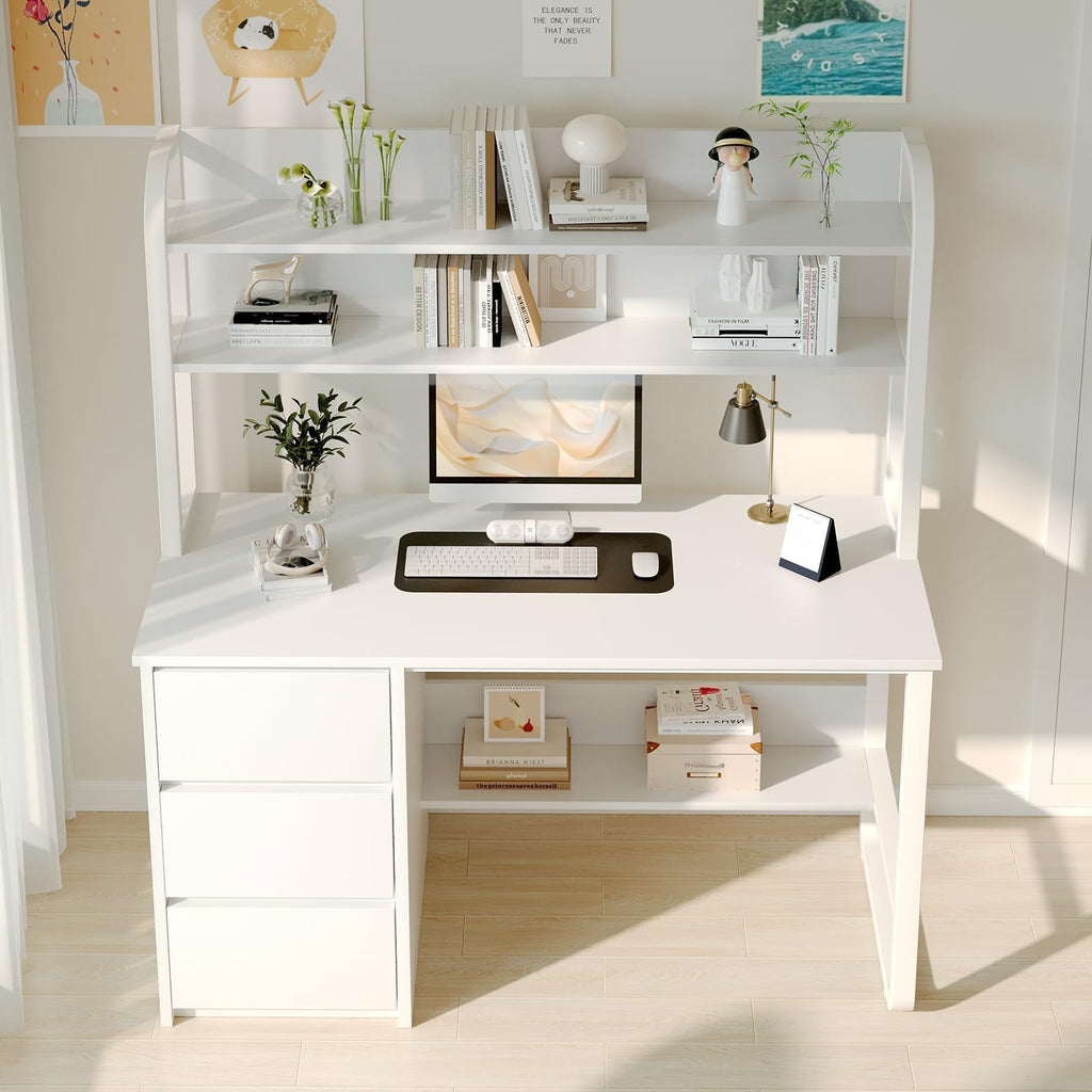 White Desk with Hutch, 47 Inch Computer Desk with 3 Drawers M95026