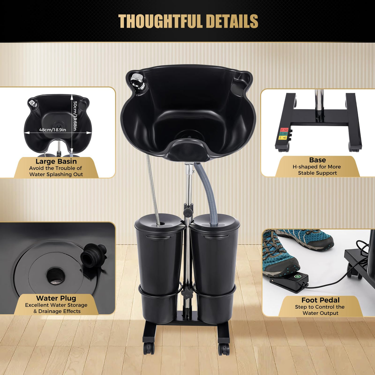 Portable Shampoo Bowl with 2 Buckets, Electric Pump, Drain Hose, 4 Wheels X27583