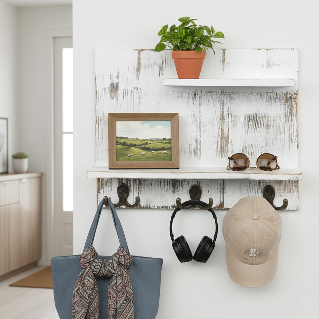 2 Tier White Washed Solid Wood Bathroom Storage Shelves with 6 Hooks X731694