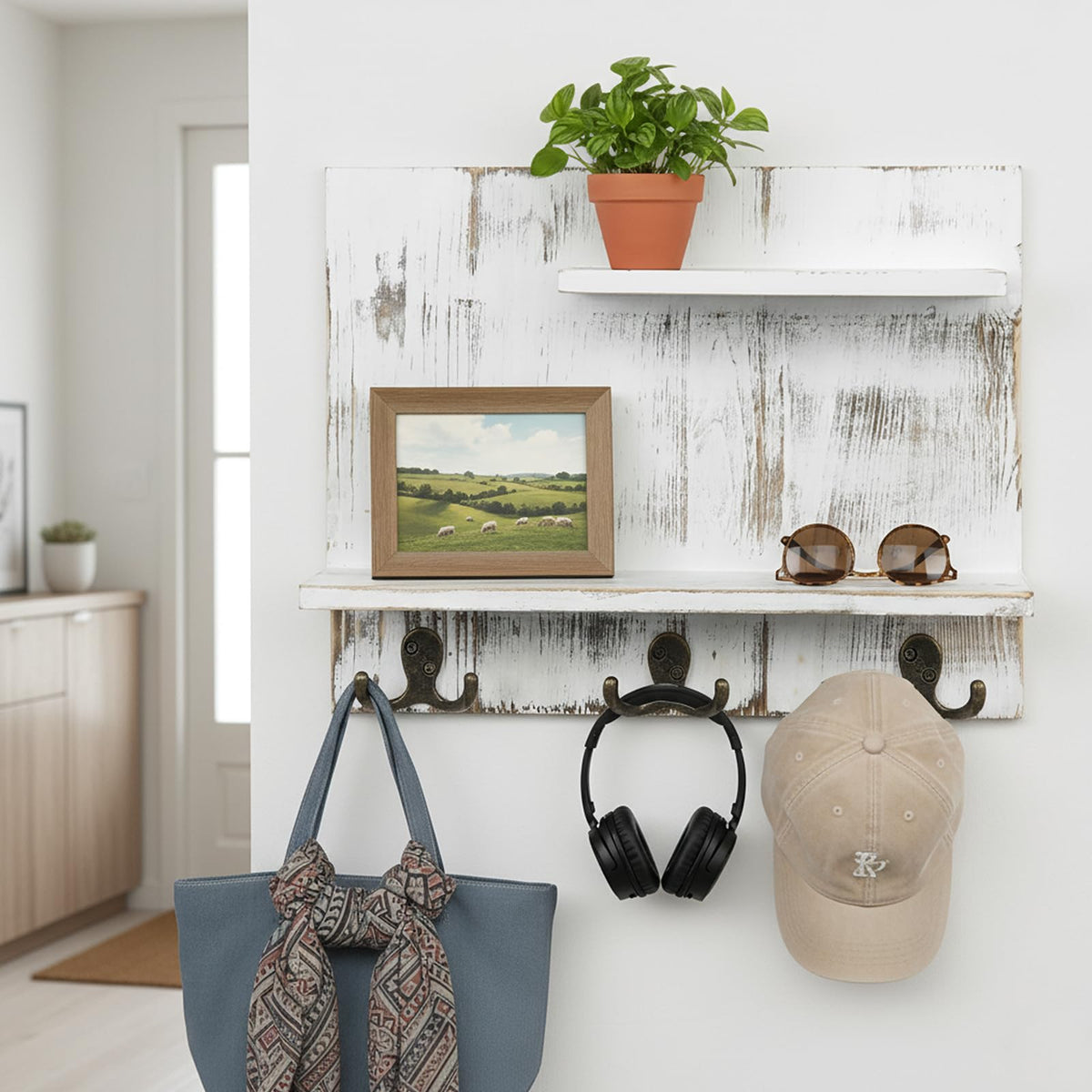 2 Tier White Washed Solid Wood Bathroom Storage Shelves with 6 Hooks X731694