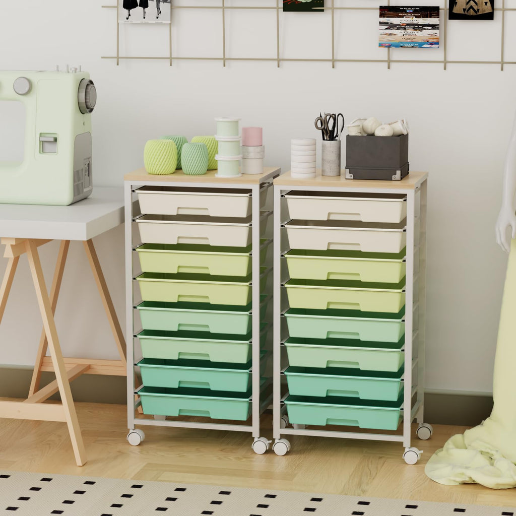 Rolling Storage Cart with 8 Drawers & Wooden Tabletop, Green, White Q4990