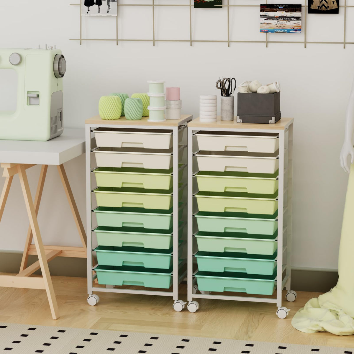 Rolling Storage Cart with 8 Drawers & Wooden Tabletop, Green, White Q4990