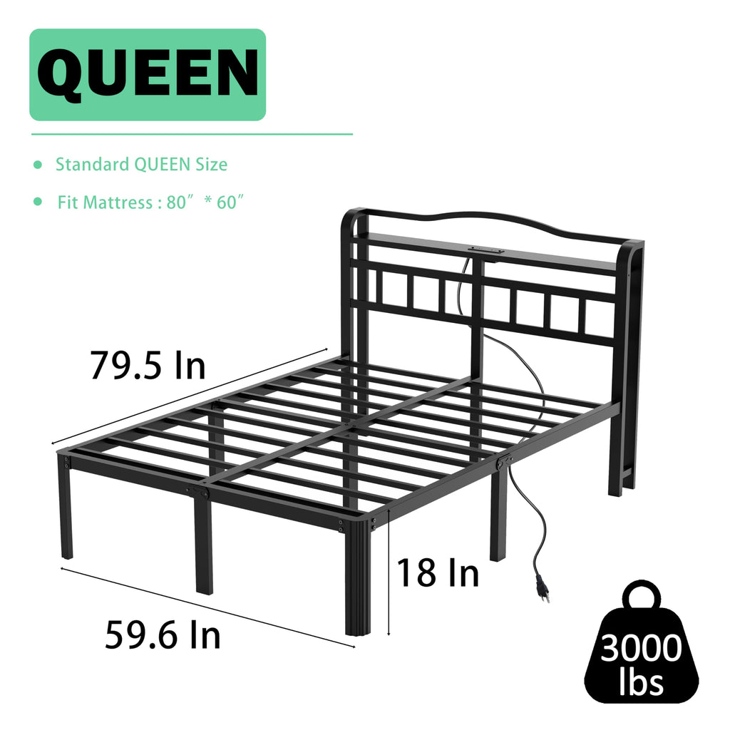 Queen Size Black Metal Platform Bed Frame with Headboard and Charging Station S292554
