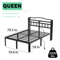 Queen Size Black Metal Platform Bed Frame with Headboard and Charging Station S292554