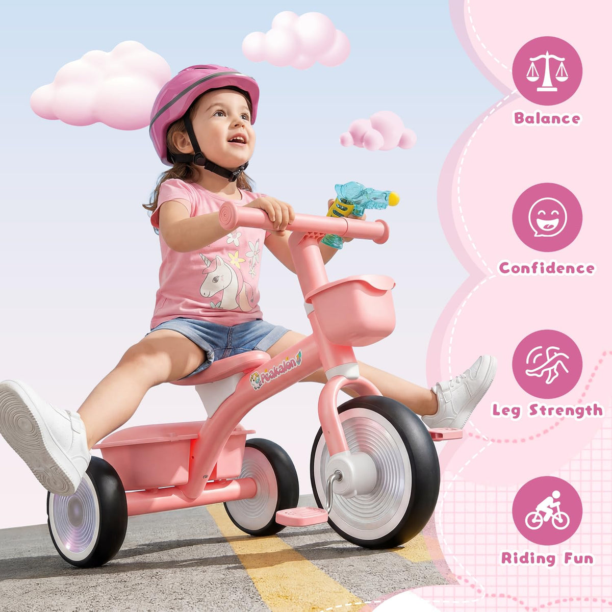 Pink Toddler Tricycle with Adjustable Seat and 2 Basket O84512